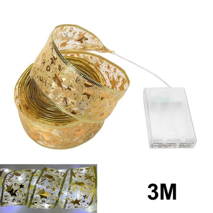 Christmas Ribbon Fairy Light Christmas Decoration DIY Bows String Light Tree Ornaments for Home 2023 Xmas Decor New Year Navidad